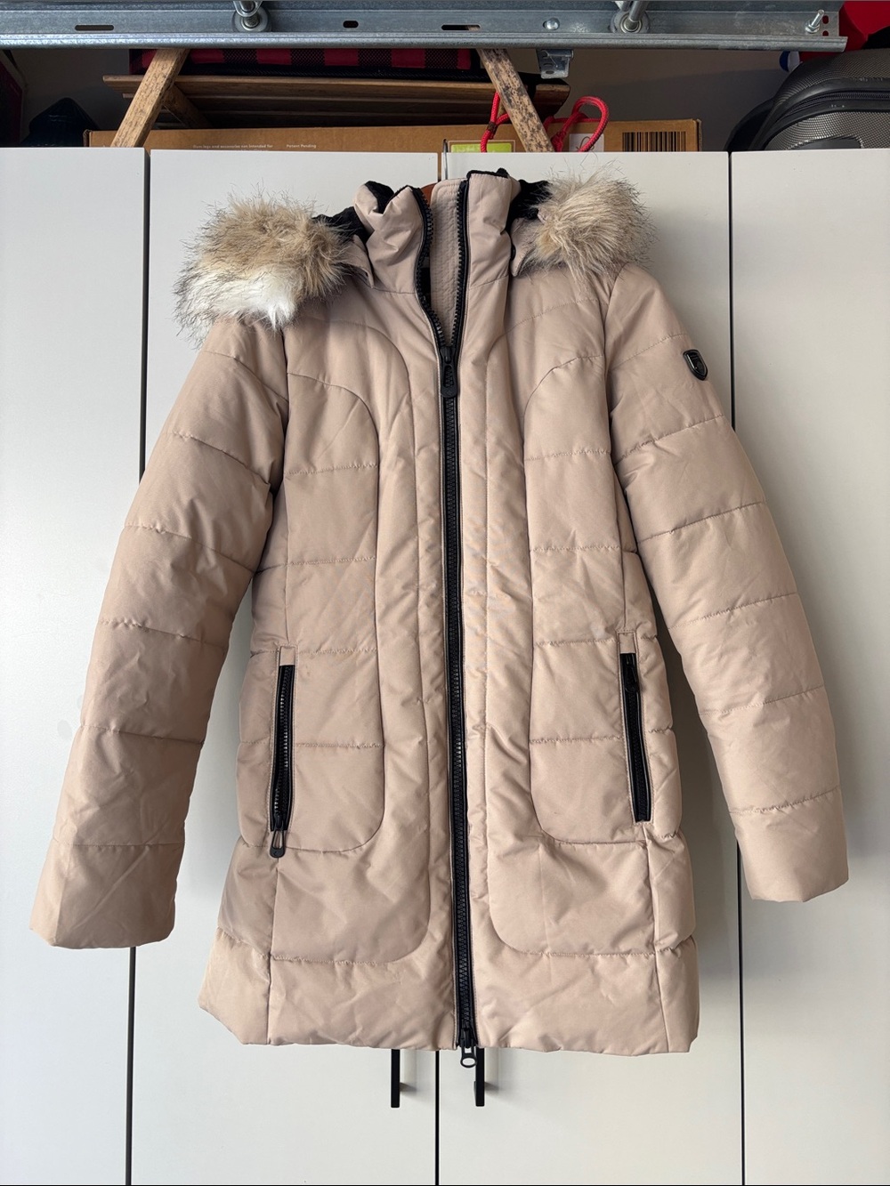 Noize Beige Puffer Coat with Faux Fur Trim Hood